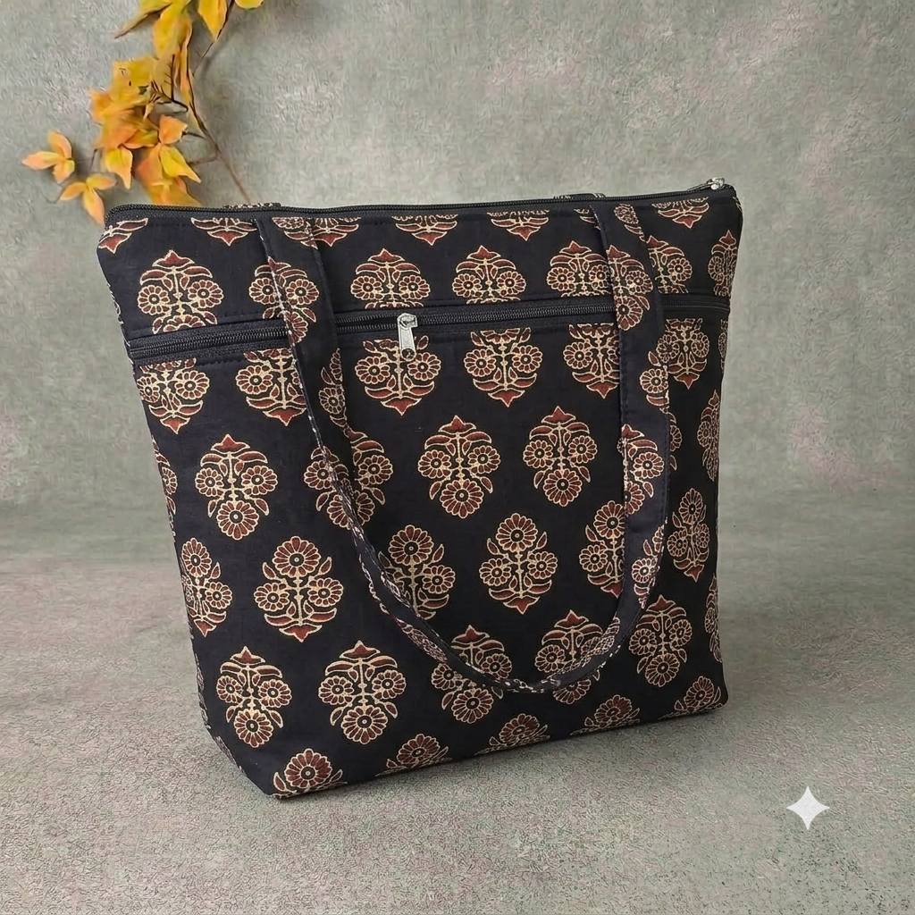 Medium Size Handbag black with floral print