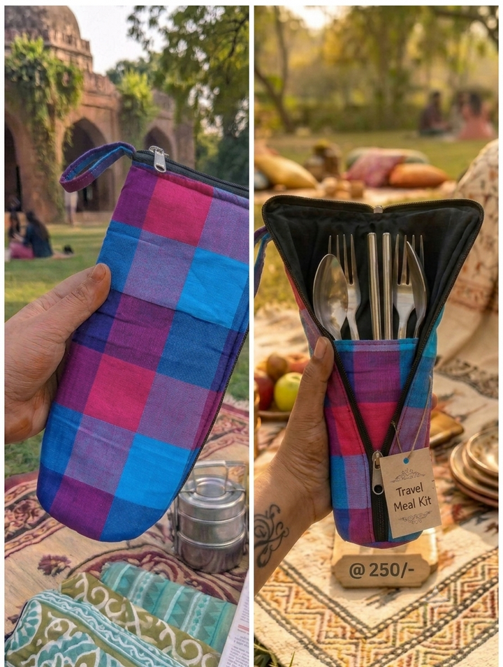 Travel Meal Kit - blue and pink-red plaid check pattern