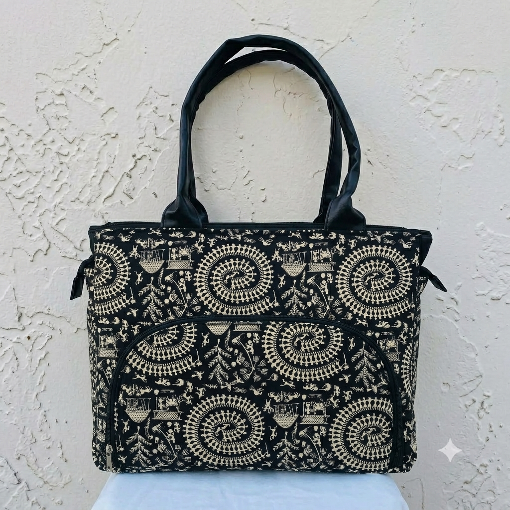 Versatile partition tote black with white circle print