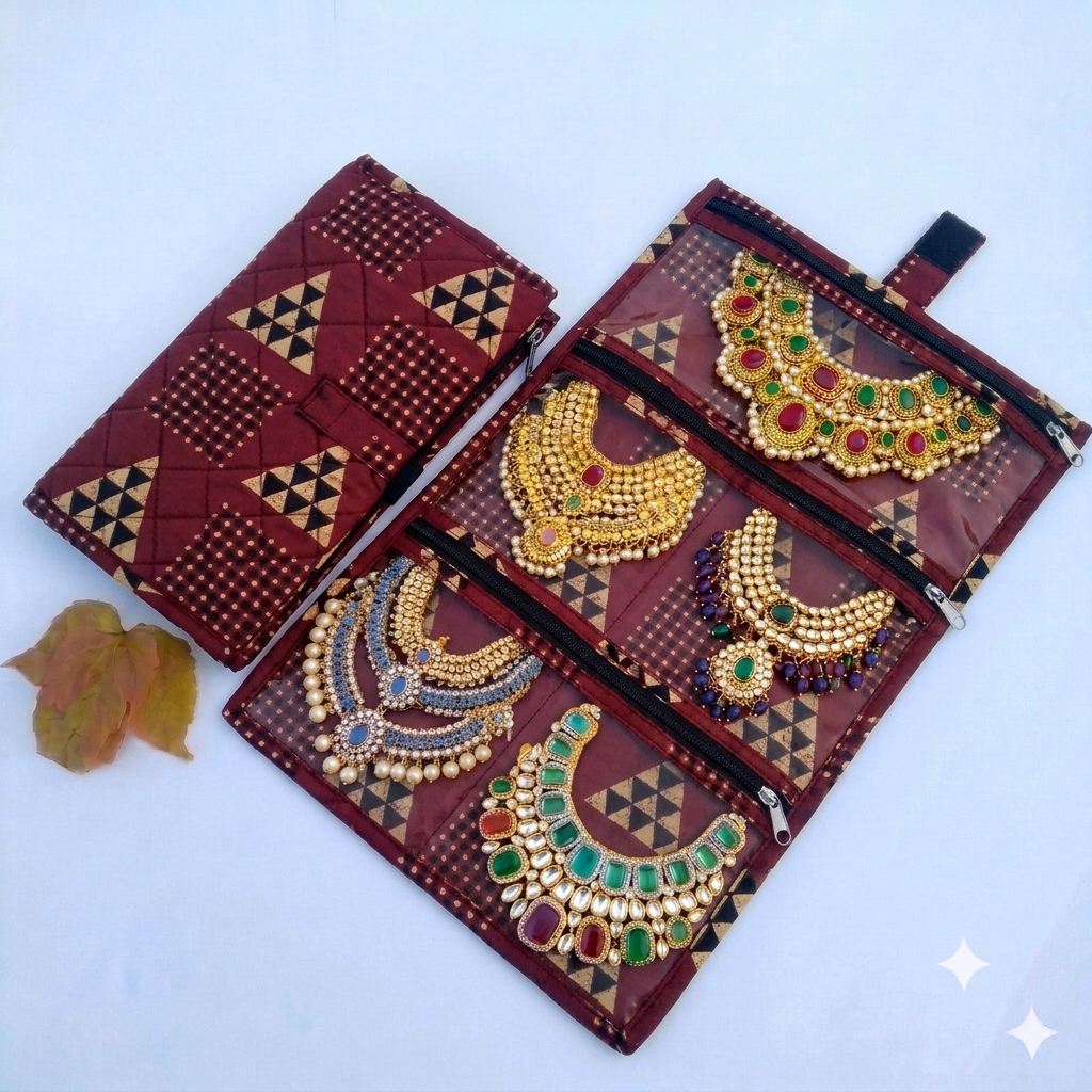 Jewel Pouch - (Necklace)Maroon Geometric Print