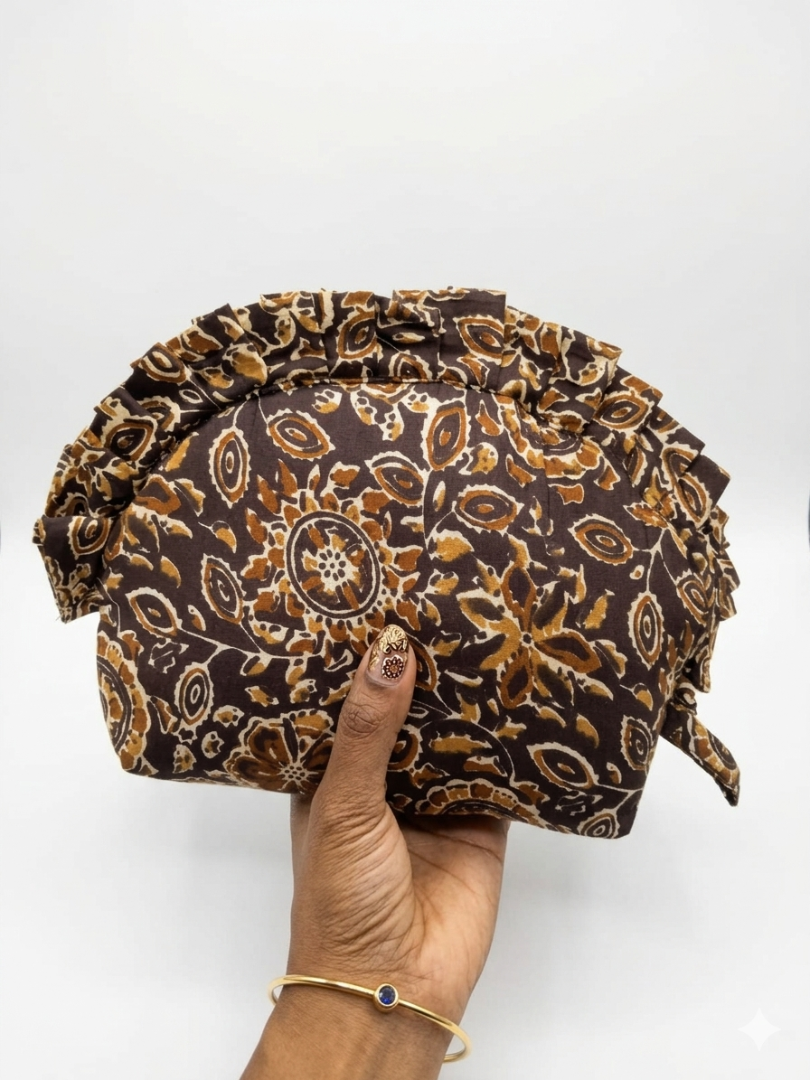 Frill Purse- dark maroon with kalamkari