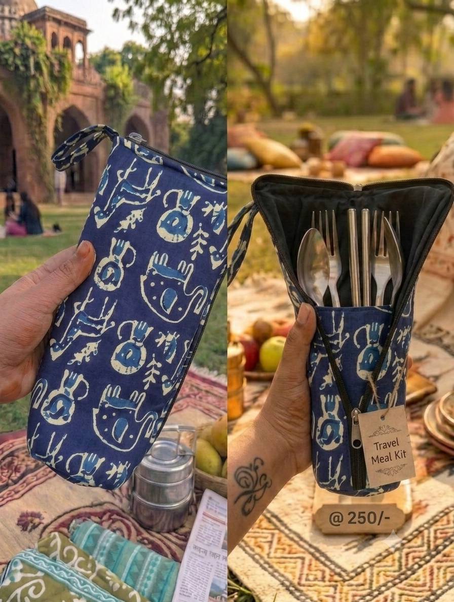 Travel Meal Kit - blue with animal print