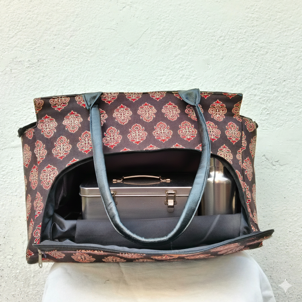 Versatile partition tote black with hand block print