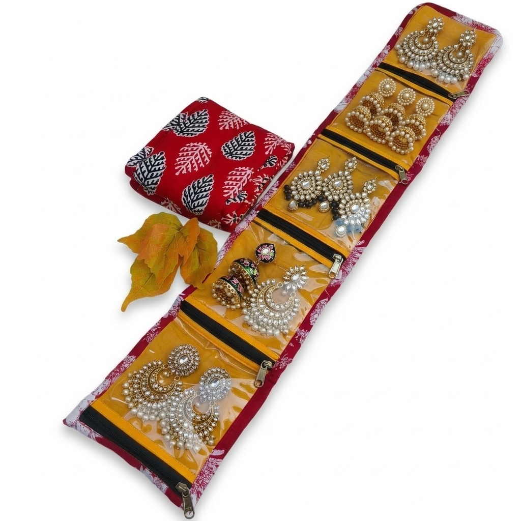 Jewel Pouch - (Earring) Red With Leaf Print