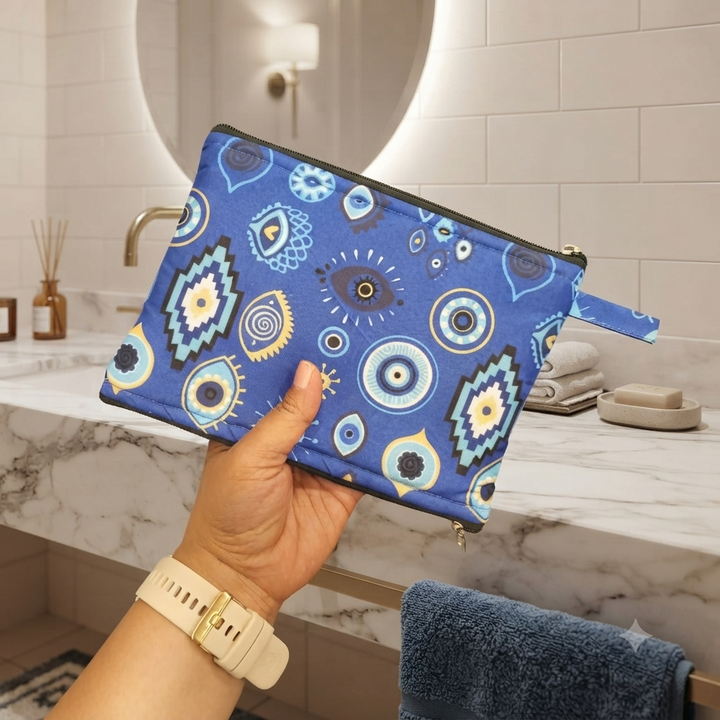 Wet and Dry Toiletry pouch - blue evil eye print
