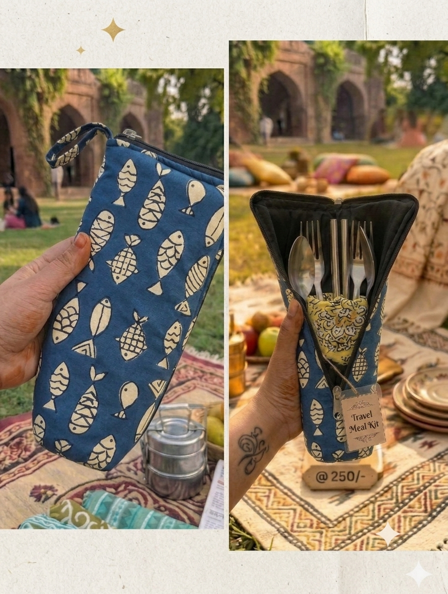 Travel Meal Kit - blue with fish print