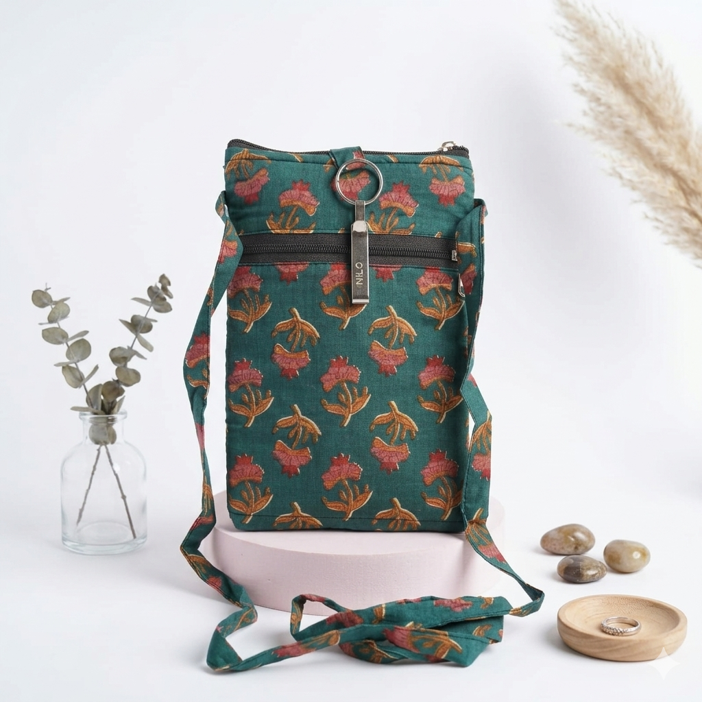 Mobile Sling - dark green with flower  (With Saree Clip)