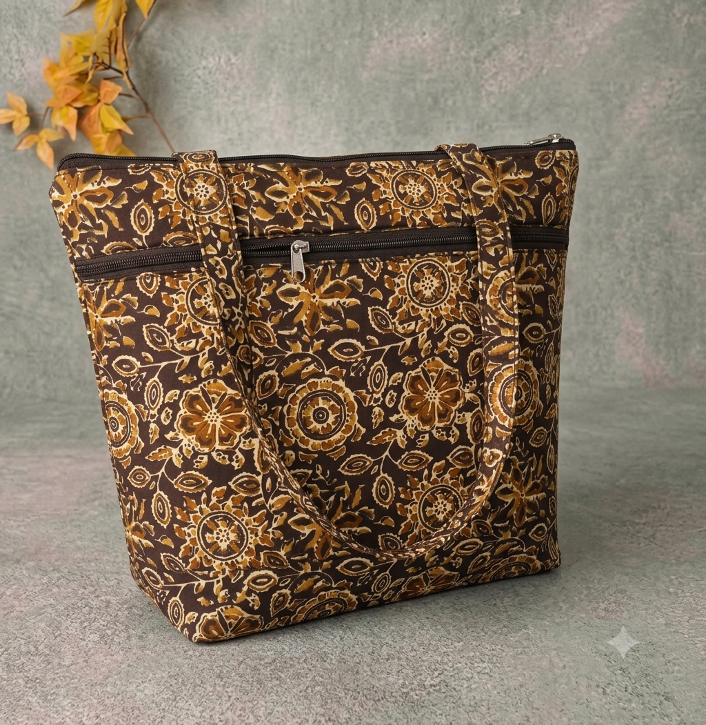 Medium Size Handbag - brown kalamkari  design