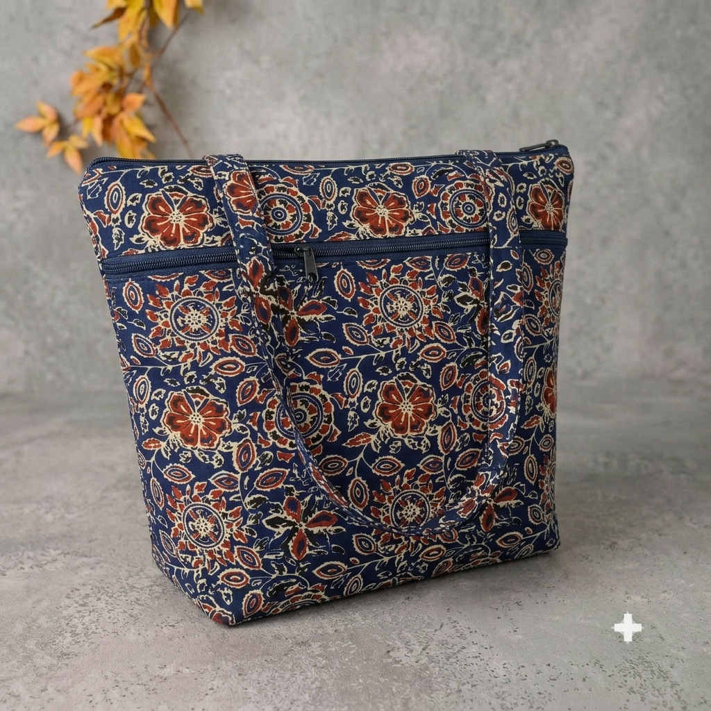 Medium Size Handbag dark green with kalamkari print