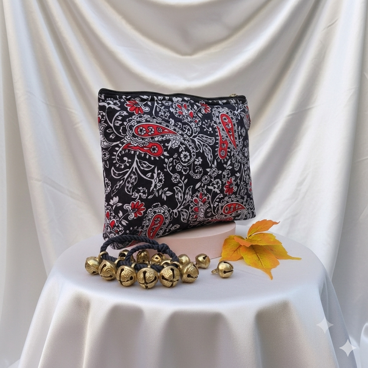 Ghunghroo pouch- Black with red flower print