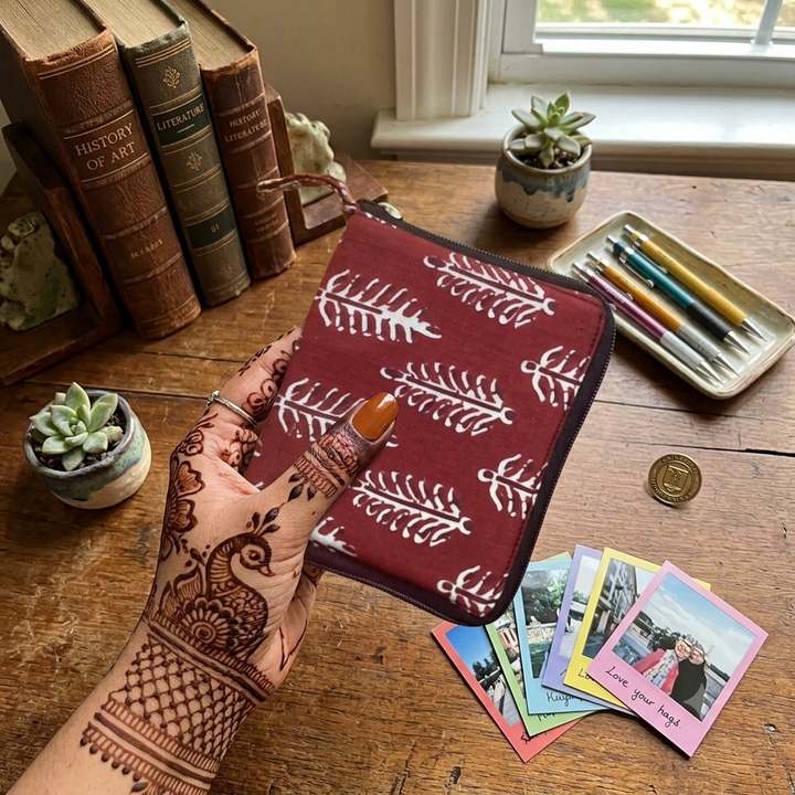 Mini wallet with card holder Red with white leaf print