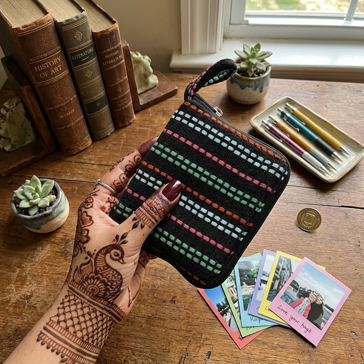 Mini wallet with card holder Black with multicolor dot line