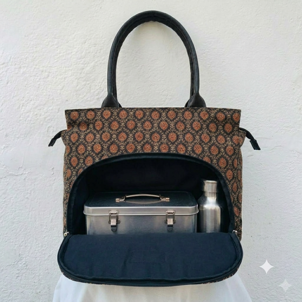 Versatile partition tote black with small flower print