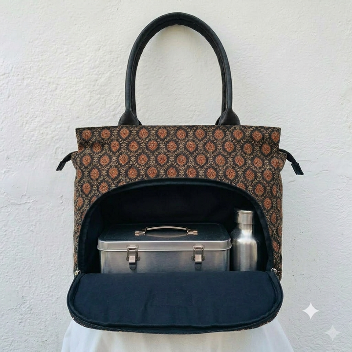 Versatile partition tote black with small flower print