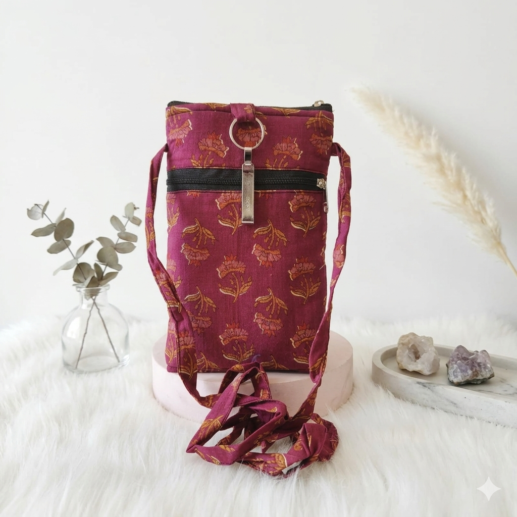 Mobile Sling - maroon with flower  (With Saree Clip)