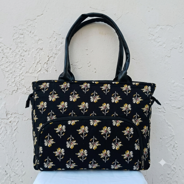 Versatile partition tote black with flower print
