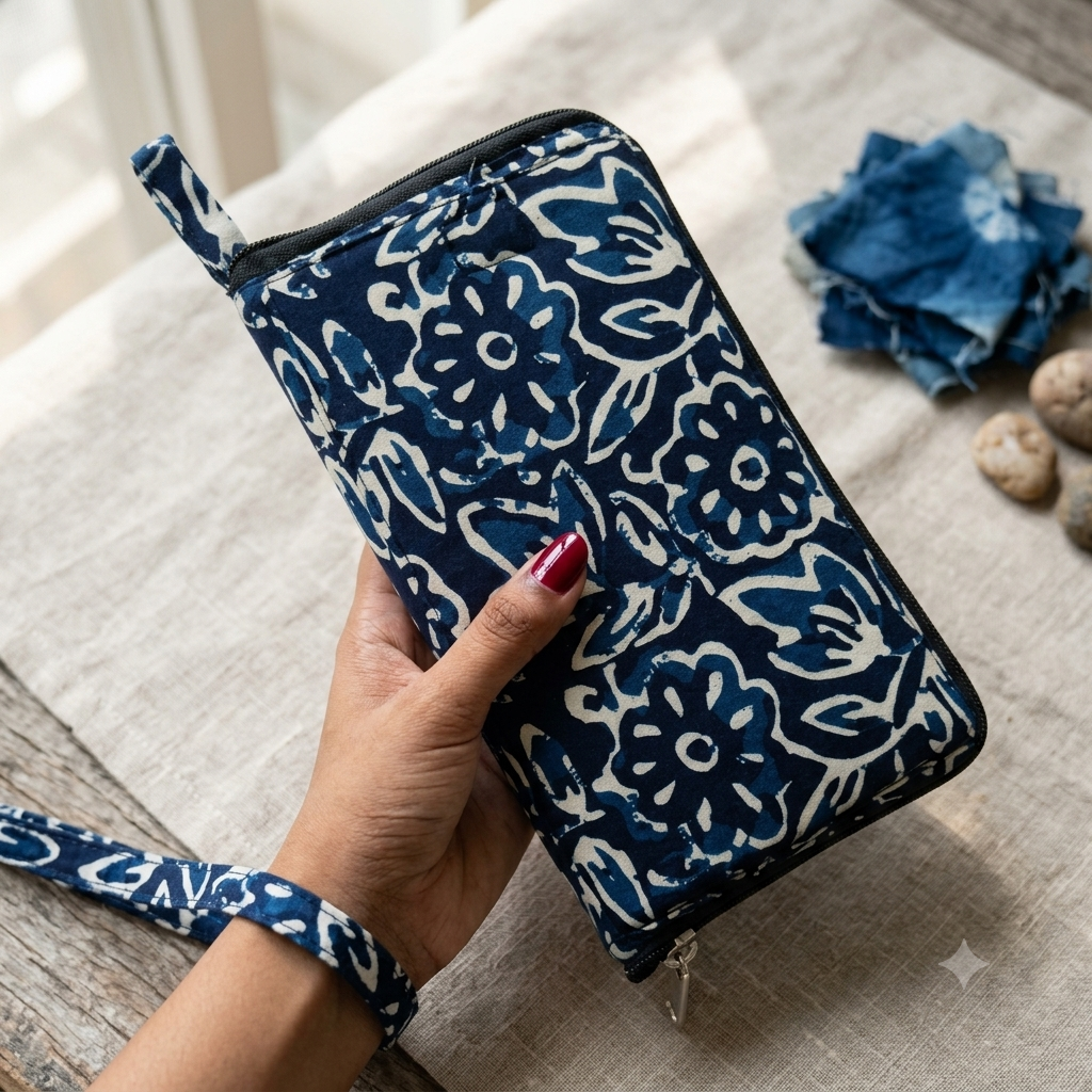 SMART WALLET BIG - Indigo Botanical Block Print