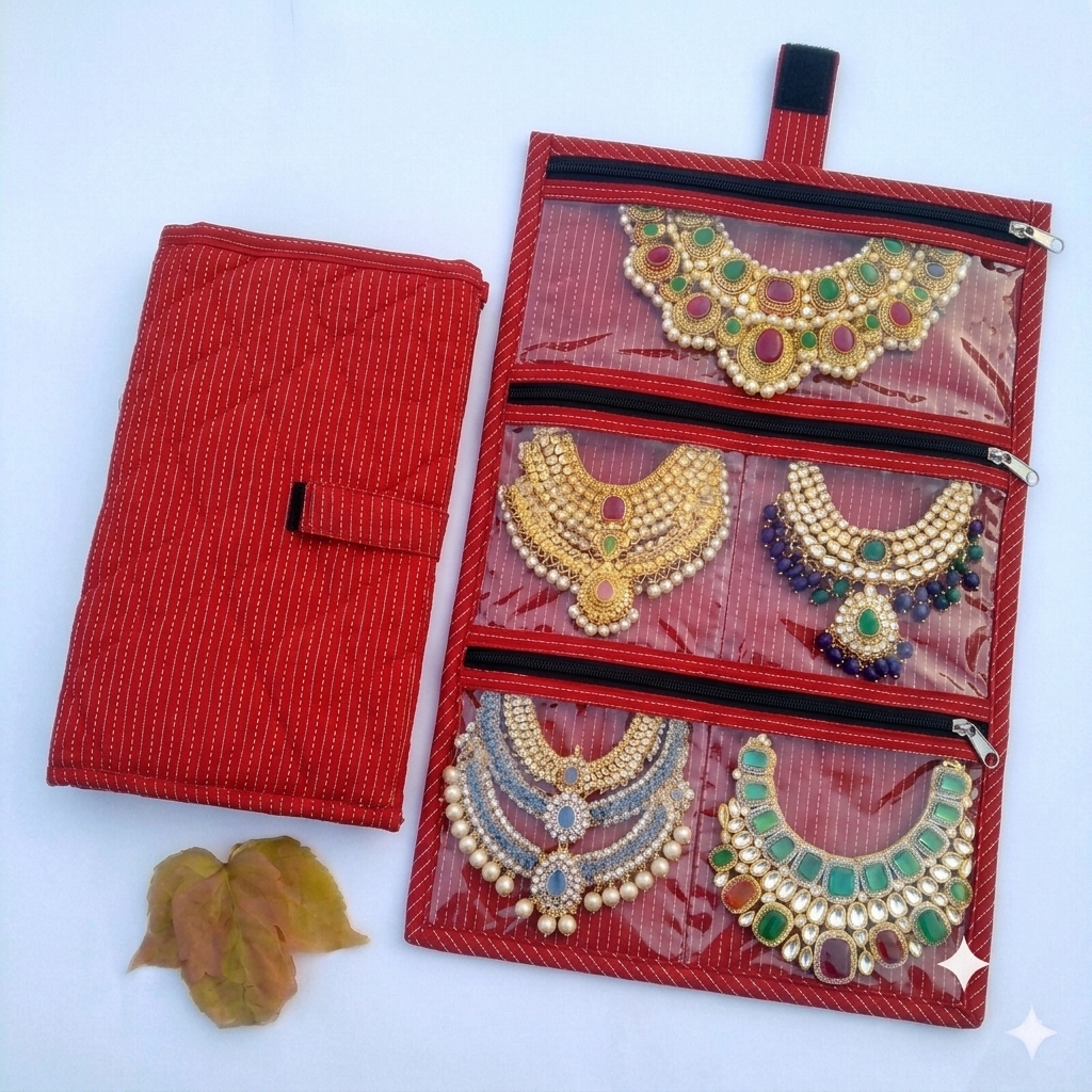 Jewel Pouch - (Necklace) red color with white line