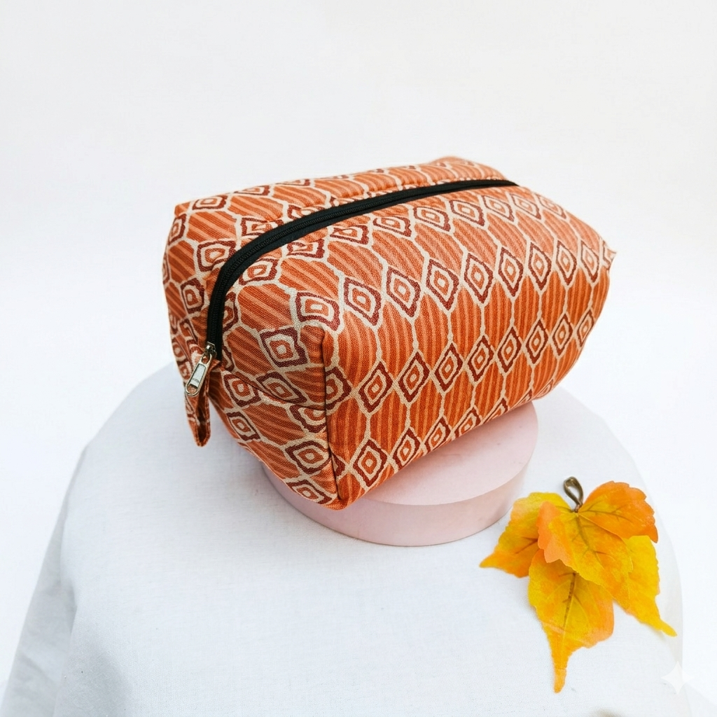 Vanity Pouch Orange With White Design
