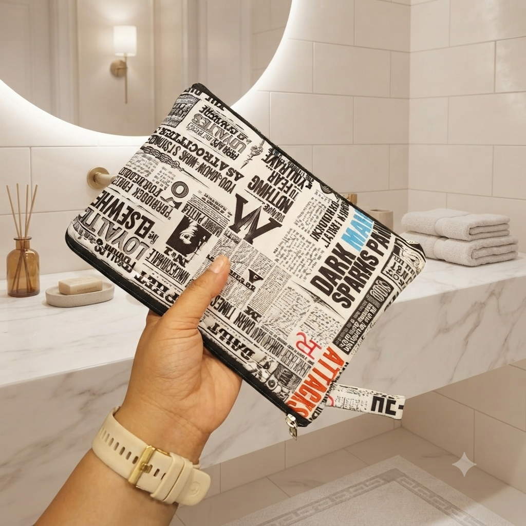 Wet and Dry Toiletry pouch - news paper print