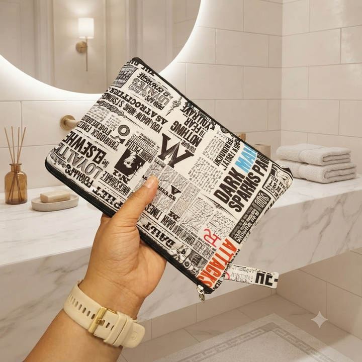Wet and Dry Toiletry pouch - news paper print