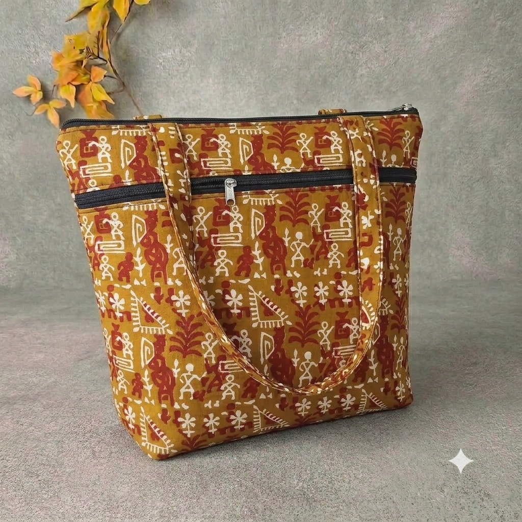 Medium Size Handbag mustard colour with folk design
