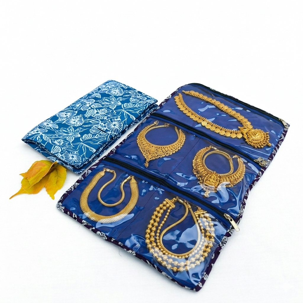 Jewel Pouch - (Necklace) Blue with White Flower Print
