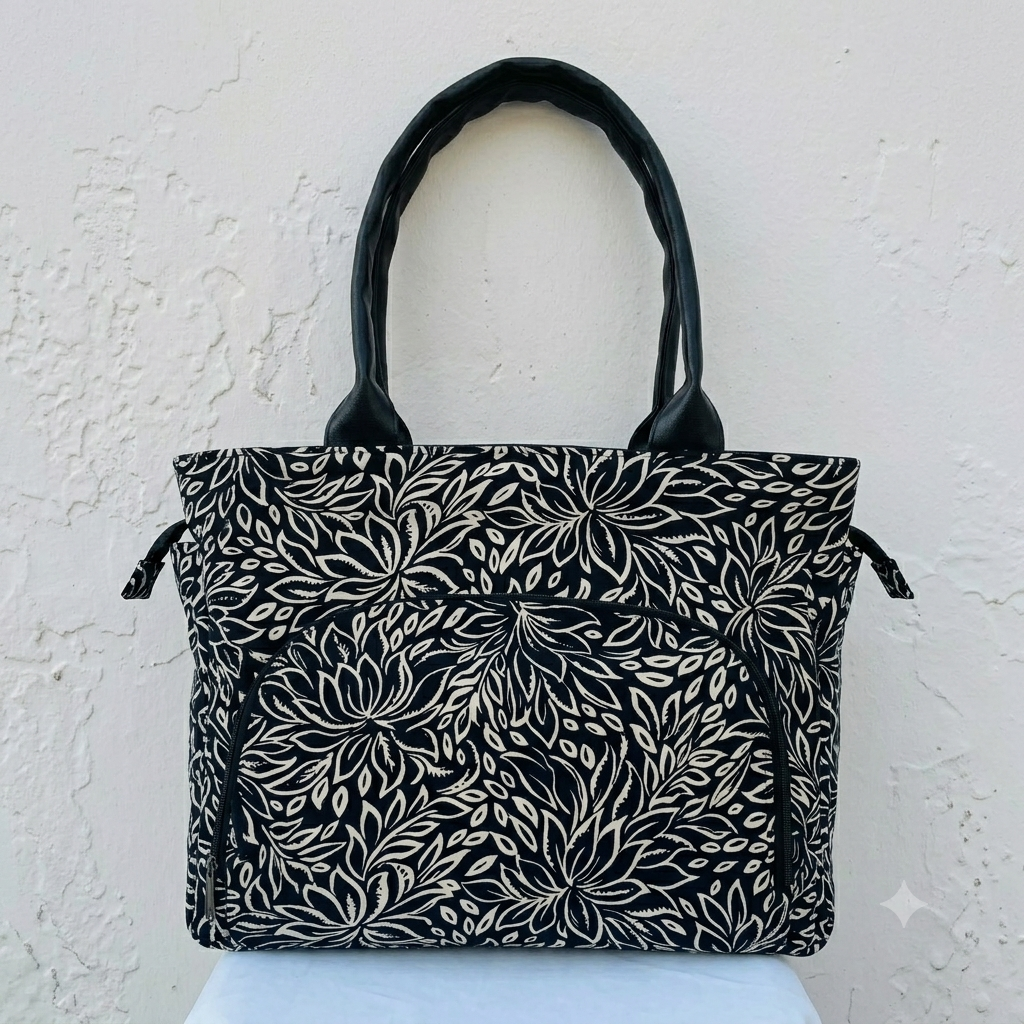 Versatile partition tote black with white lotus flower design