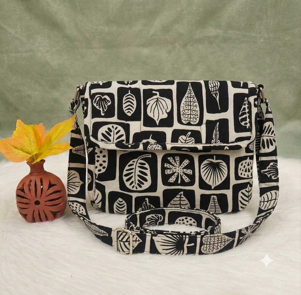 Multizipper Sling 4 Zips - Traditional Black & Beige Leaf print