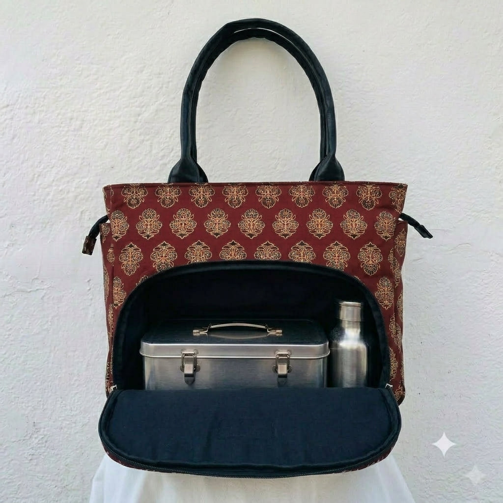 Versatile partition tote maroon with floral design