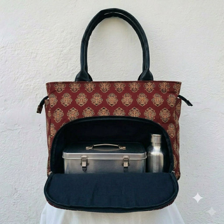 Versatile partition tote maroon with floral design