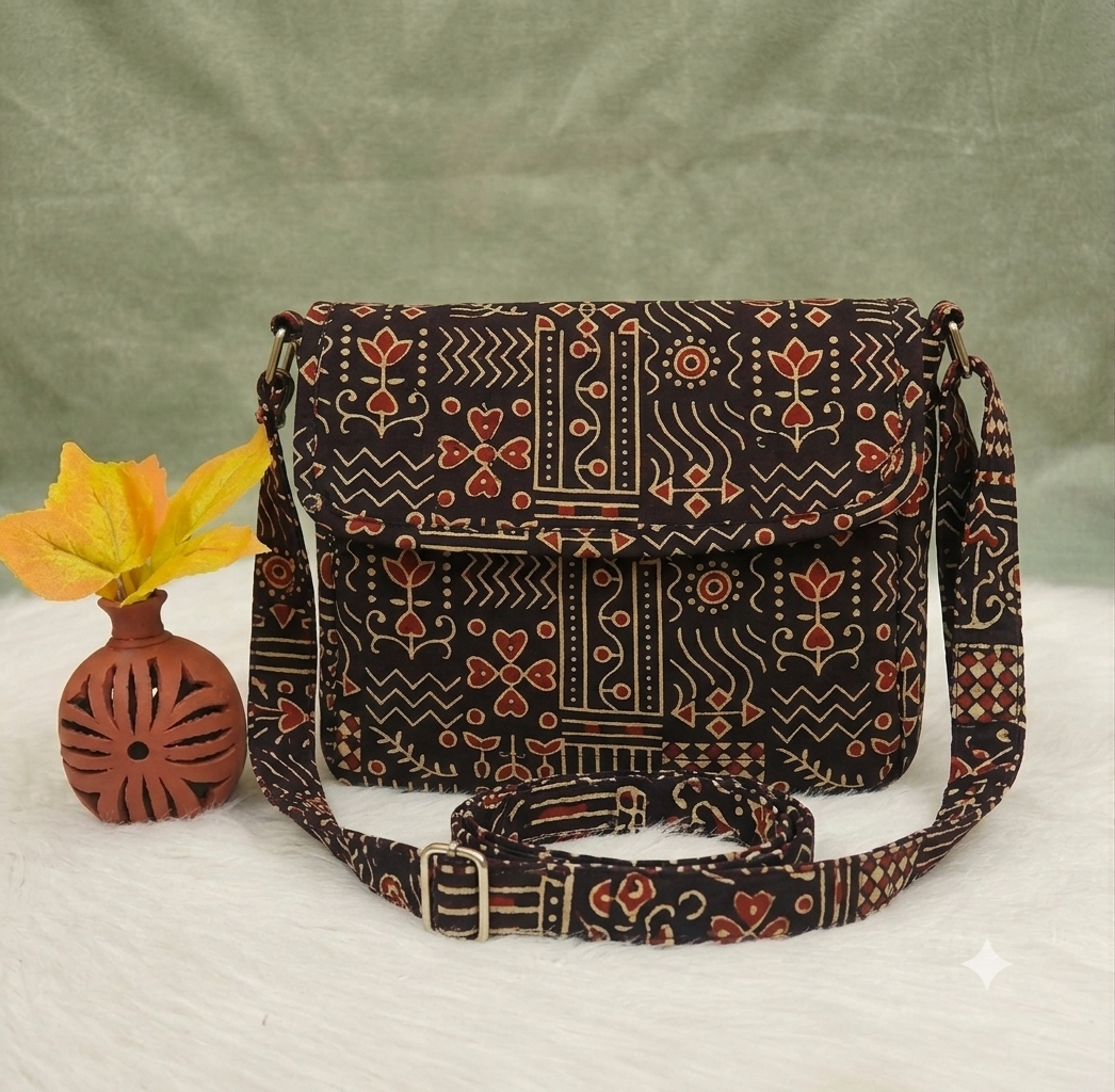 Multizipper Sling 4 Zips - Black & Terracotta Geometric Print