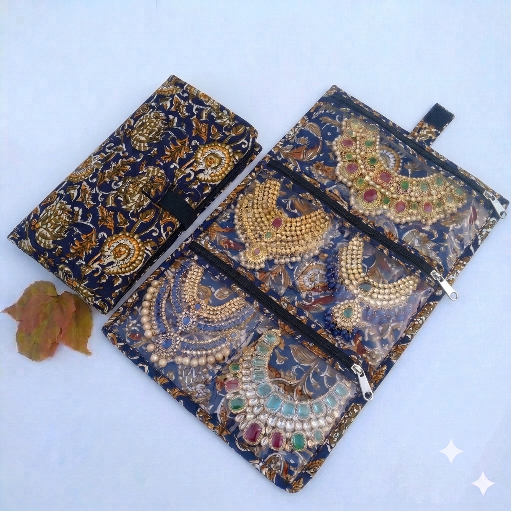 Jewel Pouch - (Necklace) blue kalamkari printed
