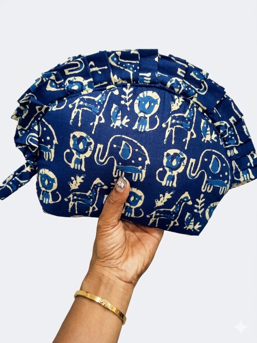 Frill Purse- navy blue with animal print