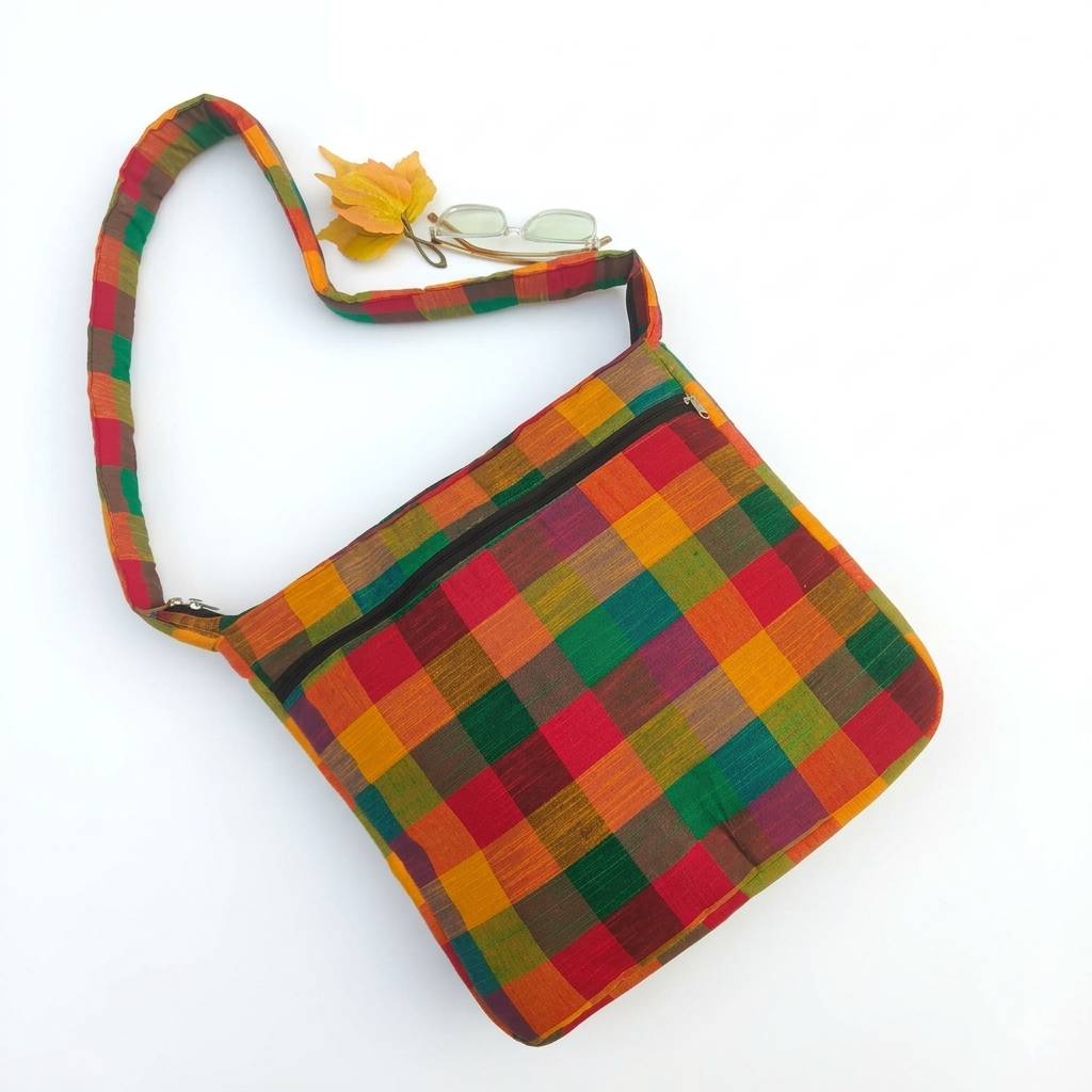 Jholna Sling With Key Holder Multi Colour With Big Checked Print