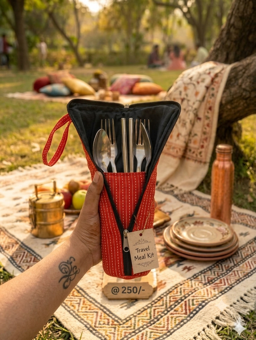 Travel Meal Kit - red with white dot lines
