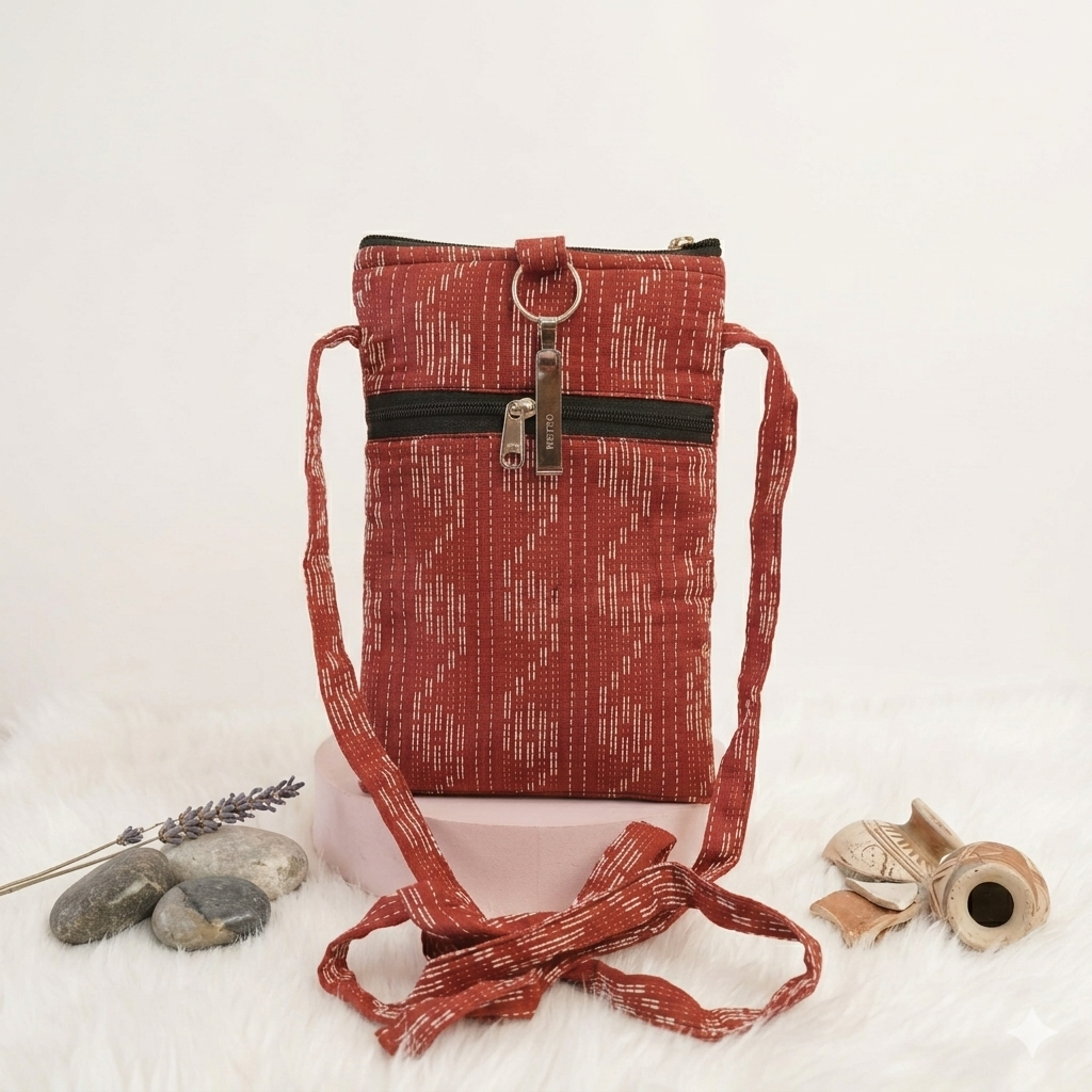 Mobile Sling maroon  with  stripe print (With Saree Clip)