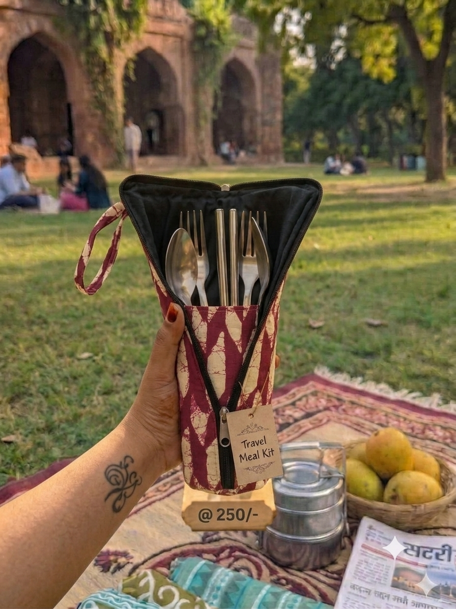 Travel Meal Kit - Maroon Chevron Block Print