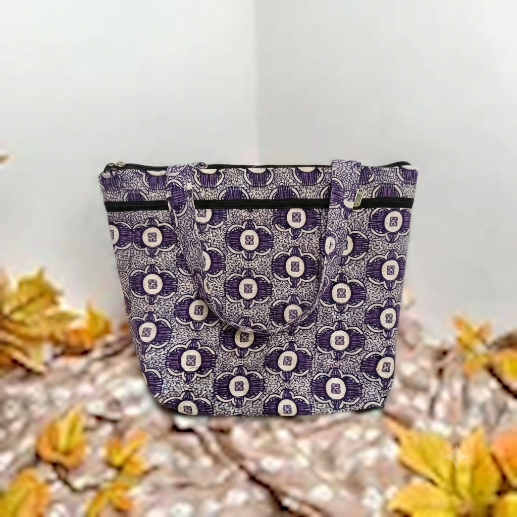 Medium Size Handbag  purple with white flower design