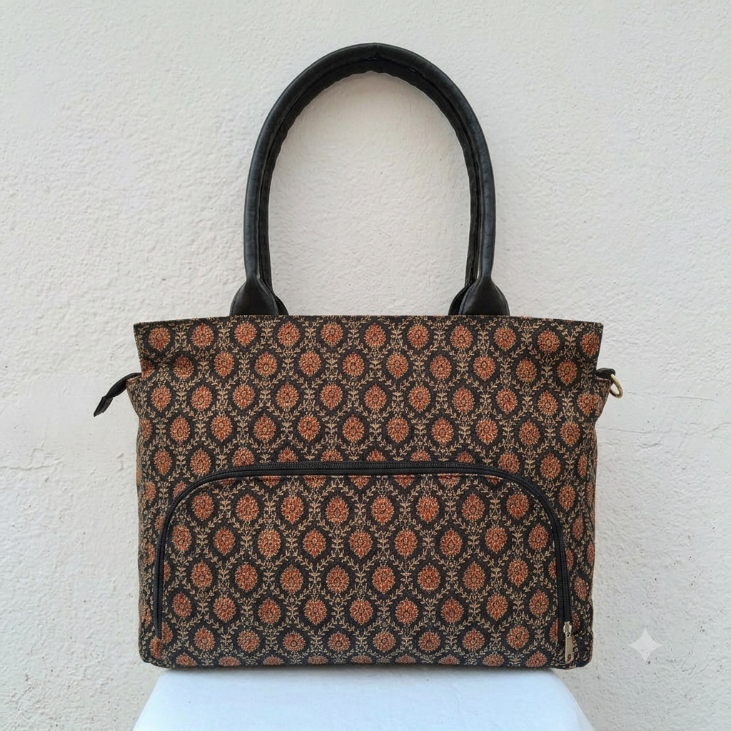 Versatile partition tote black with small flower print