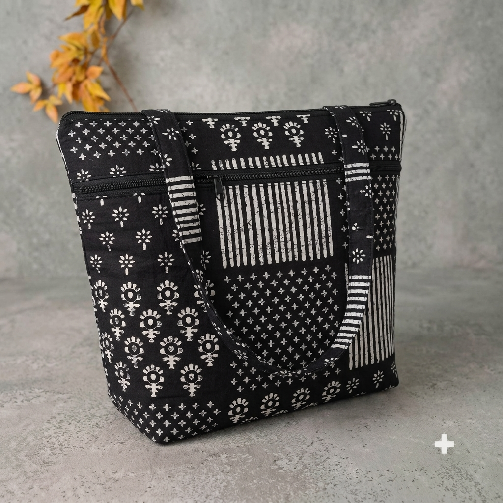 Medium Size Handbag black with white lines design