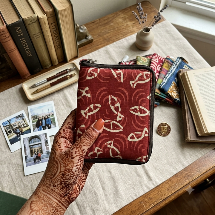 Mini wallet  with card holder Red with fish print