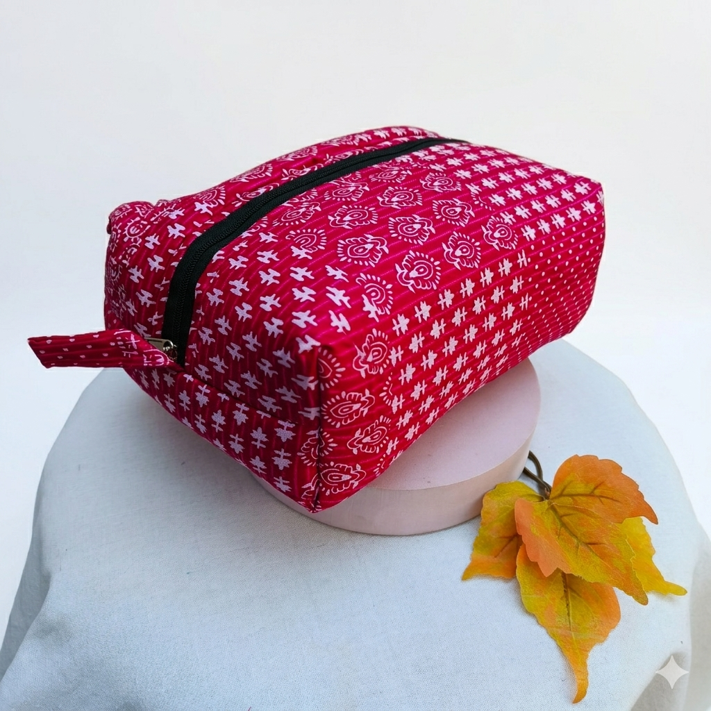Vanity Pouch Pink Color With Small White Rose Design