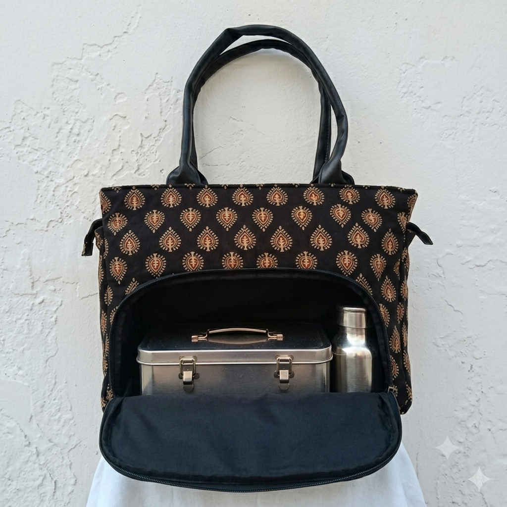 Versatile partition tote black with temple leaf