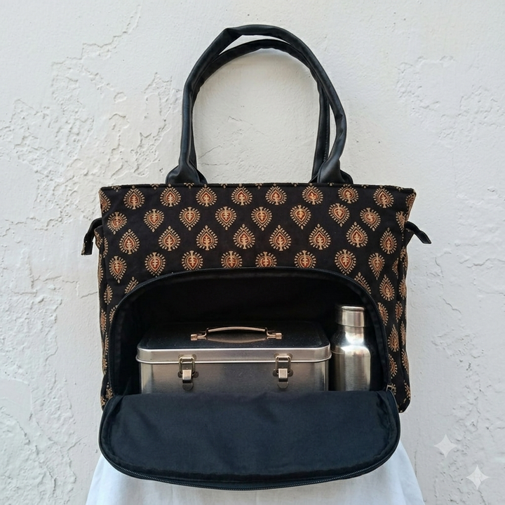Versatile partition tote black with temple leaf
