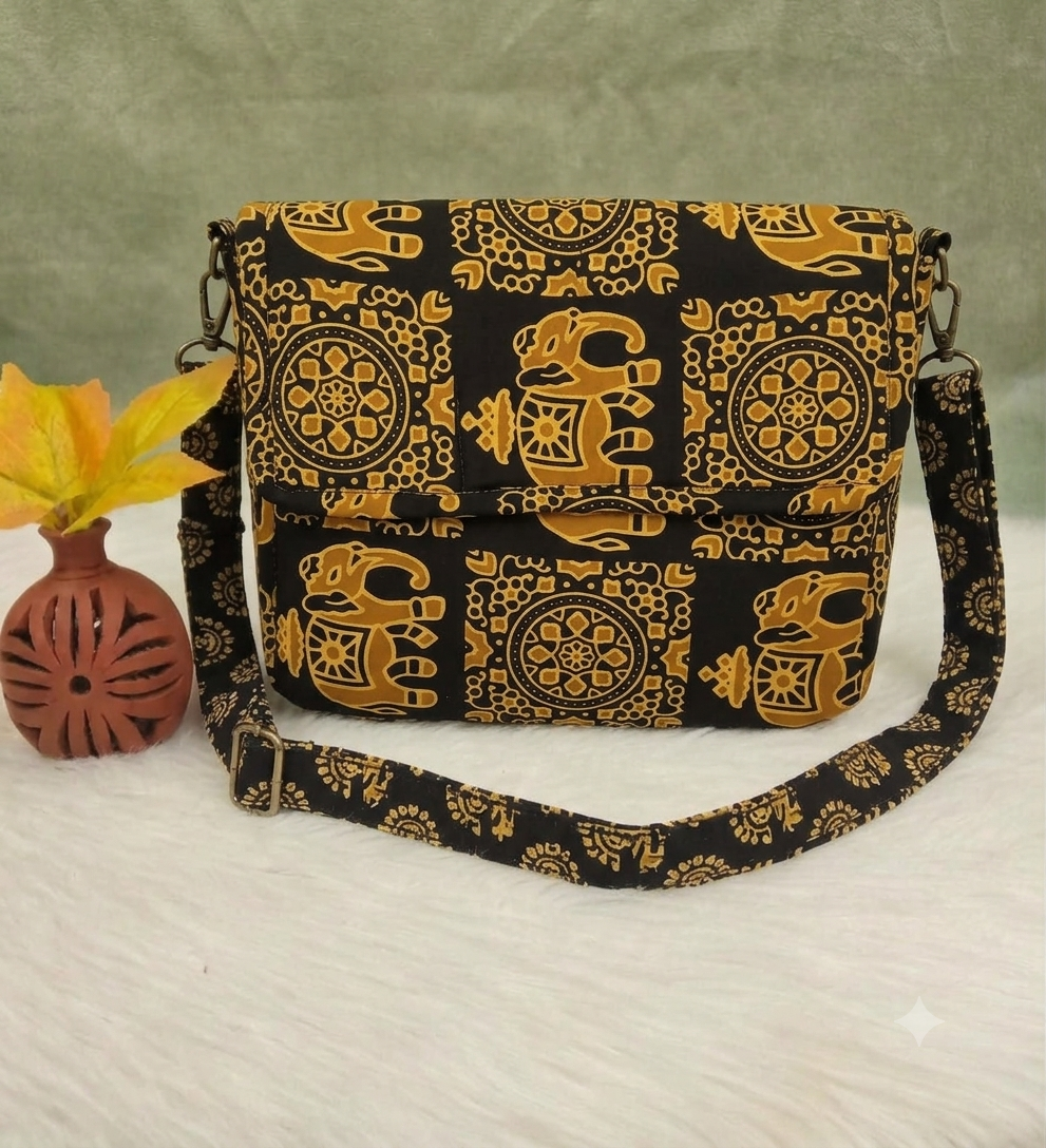 Multizipper Sling 4 Zips - black with golden elephant print