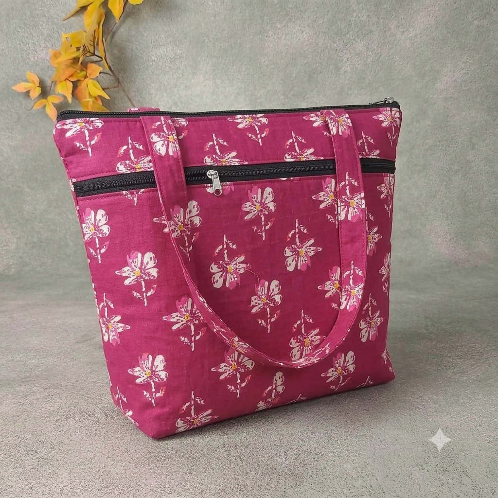 Medium Size Handbag pink with white flower