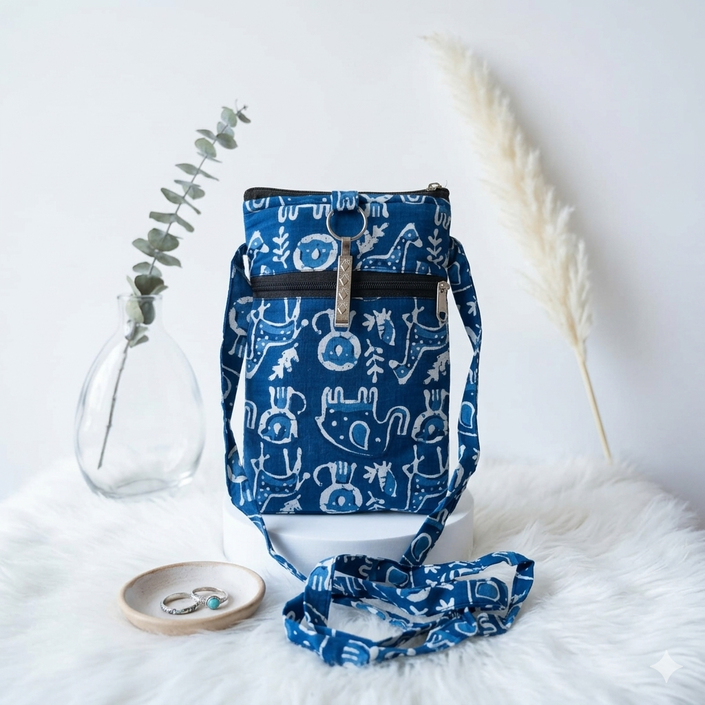 Mobile Sling - blue with white colour animal print  (With Saree Clip)