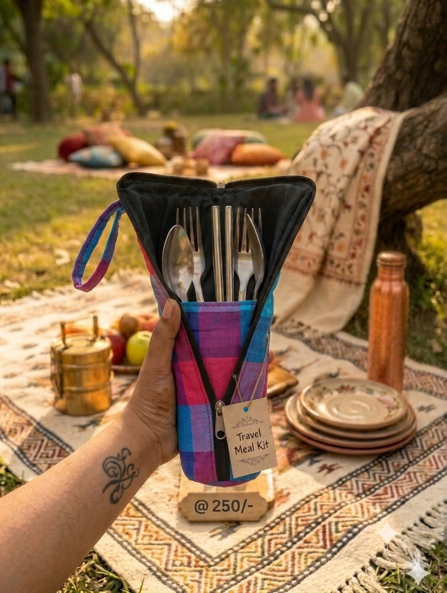 Travel Meal Kit - blue and pink-red plaid check pattern