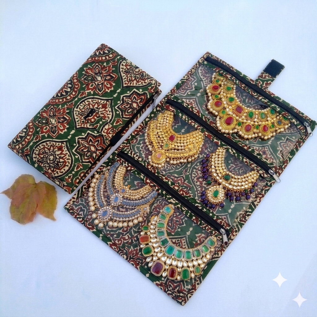 Jewel Pouch - (Necklace) green kalamkari printed